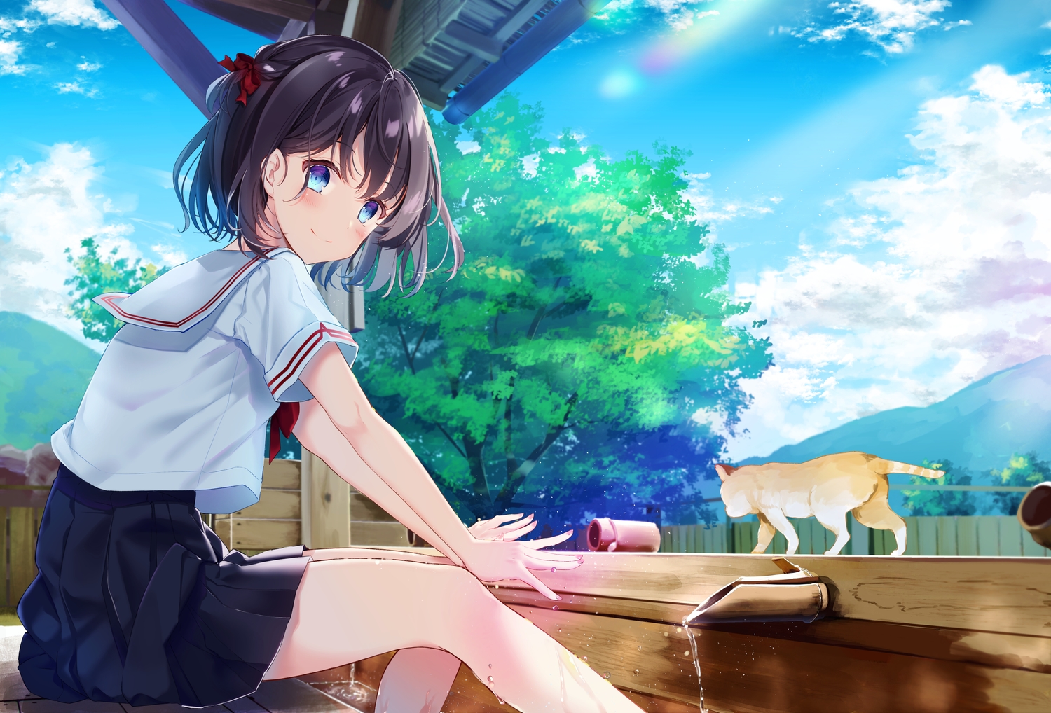 animal, aqua_eyes, brown_hair, cat, clouds, kisaragi_yuri, original, school_uniform