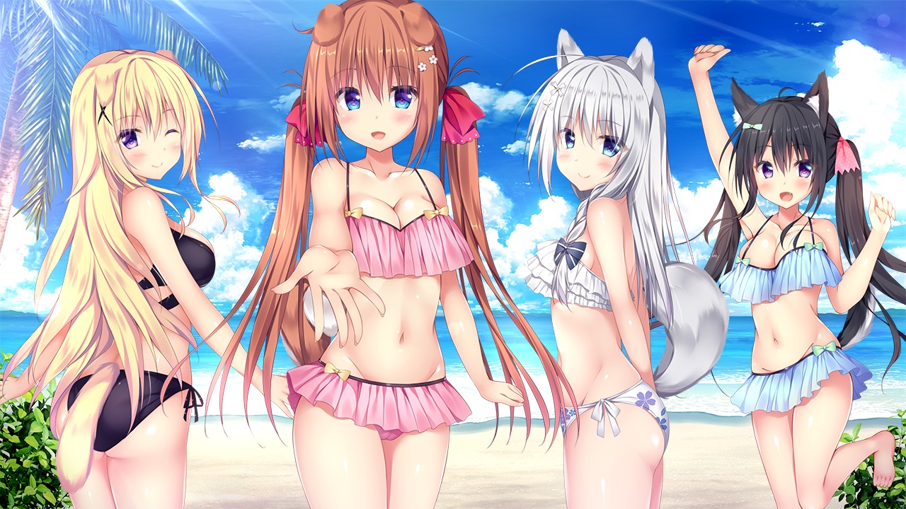animal_ears, azuki_(wanko_no_yomeiri), beach, bikini, black_hair, blonde_hair, blue_eyes, brown_hair, doggirl, fubuki_(wanko_no_yomeiri), game_cg, gray_hair, group, kaede_(wanko_no_yomeiri), koharu_(wanko_no_yomeiri), purple_eyes, swimsuit, tail, wanko_no_yomeiri_~arata_na_nihon_no_shippo~, watagashi_yui, water