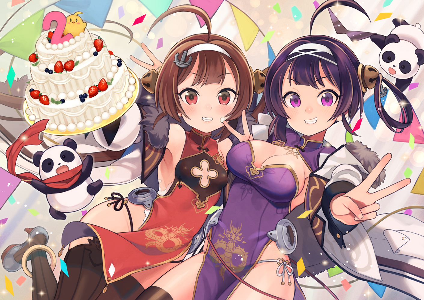 2girls, animal, anthropomorphism, azur_lane, bear, breasts, brown_hair, cake