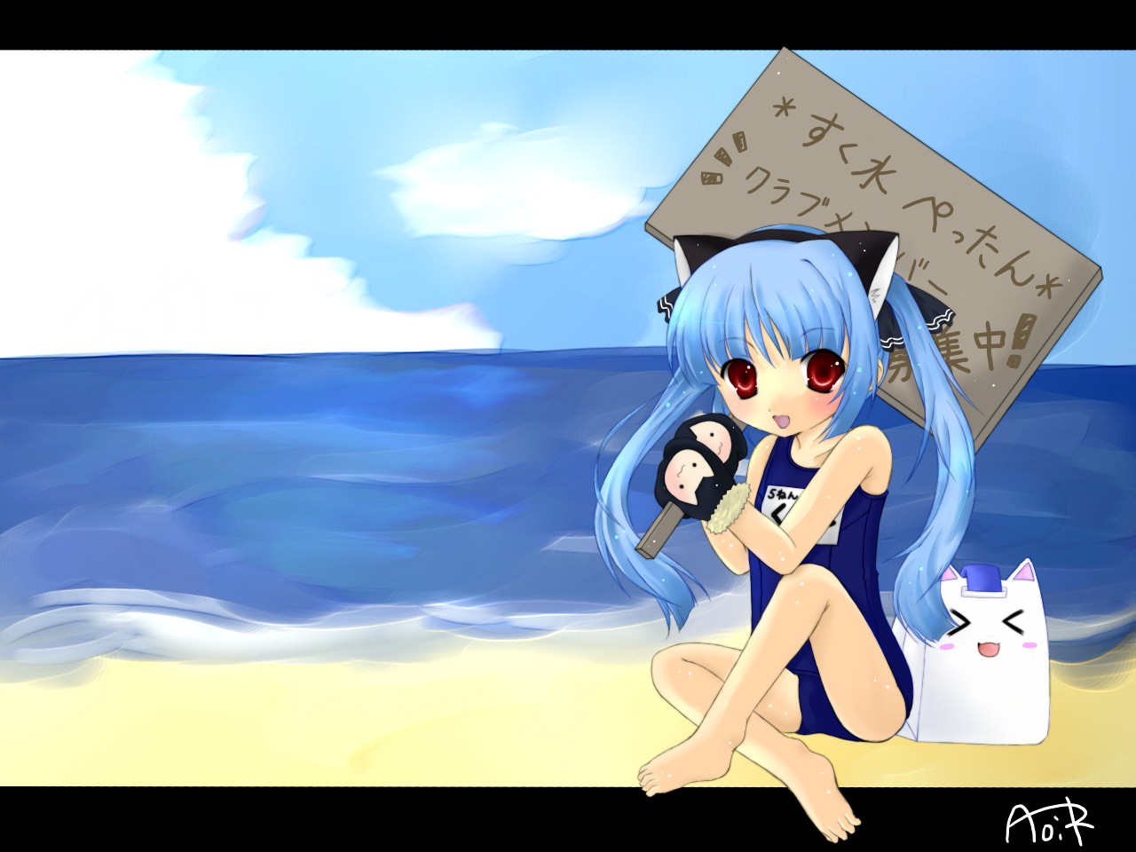 blue_hair, kooh, pangya, papel, red_eyes, school_swimsuit, sky, swimsuit, water