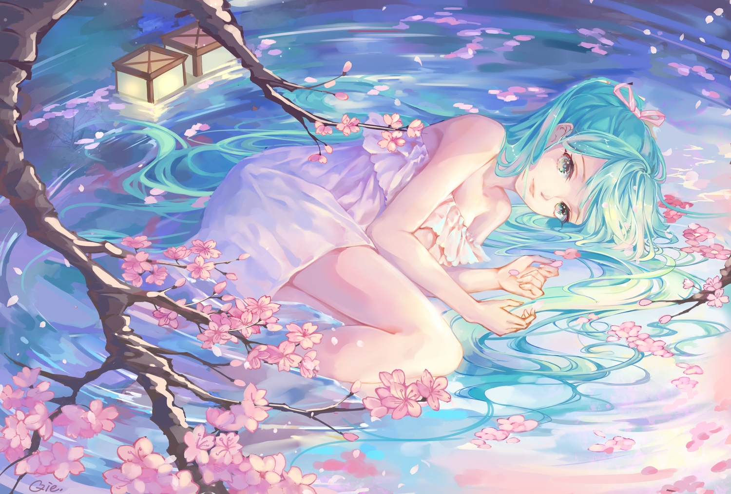 aqua_hair, cherry_blossoms, dress, flowers, green_eyes, hatsune_miku, long_hair, petals