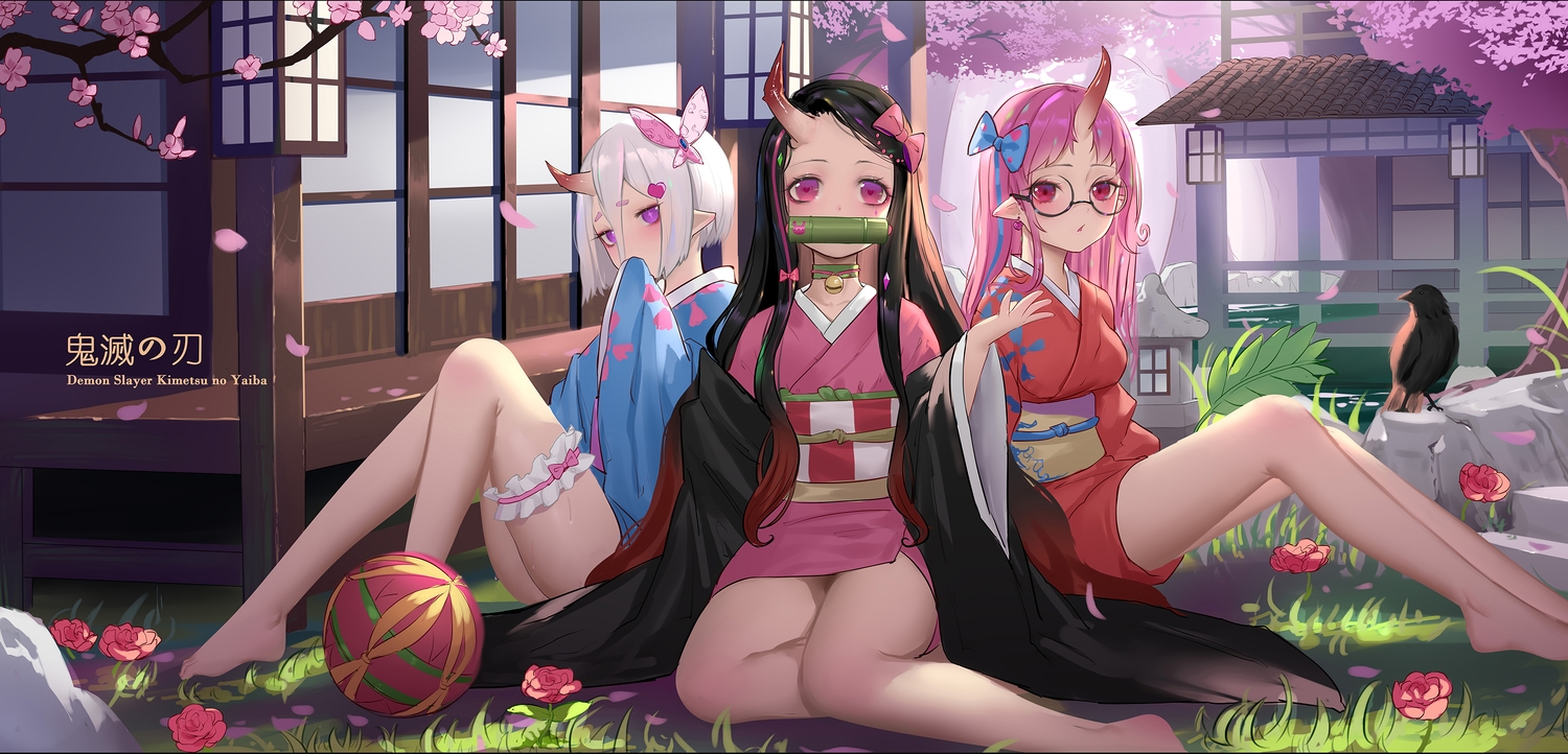 barefoot, cropped, demon, gag, glasses, hk_(hk), horns, japanese_clothes, kamado_nezuko, kimetsu_no_yaiba, pointed_ears, tagme_(character), third-party_edit, watermark