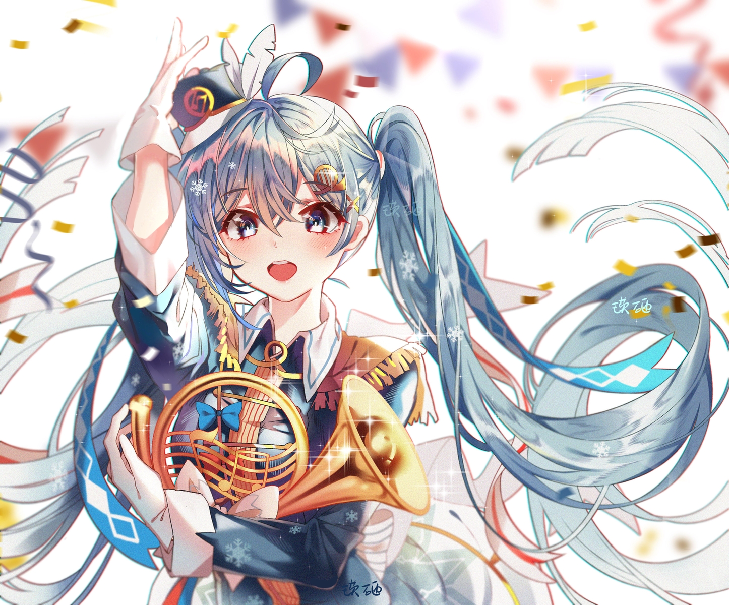 akira_(ying), blue_eyes, blue_hair, gloves, hat, hatsune_miku, instrument, long_hair