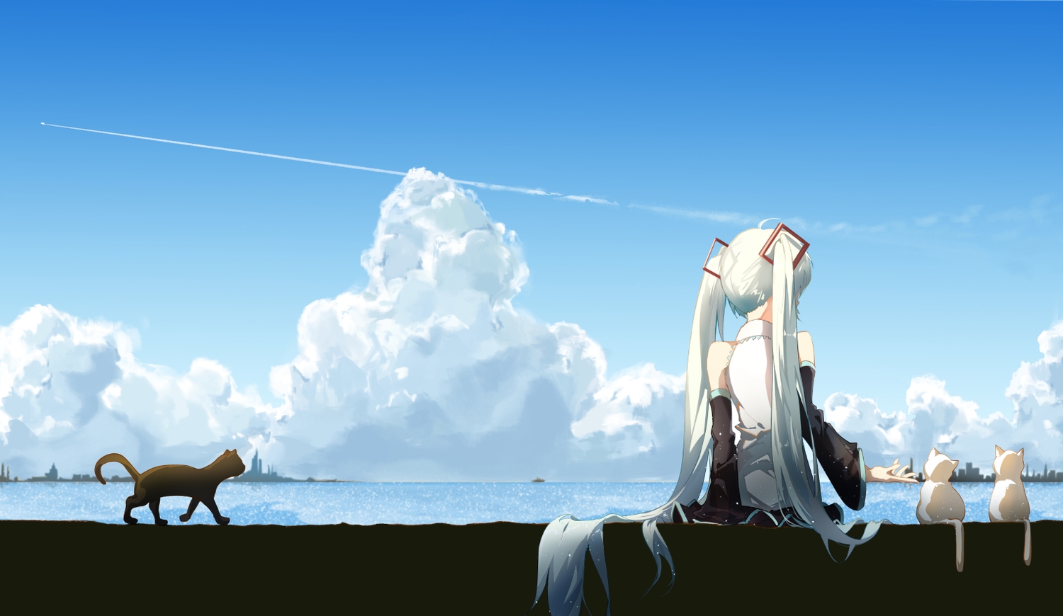 animal, cat, clouds, hatsune_miku, long_hair, scenic, sky, taka_(0taka)