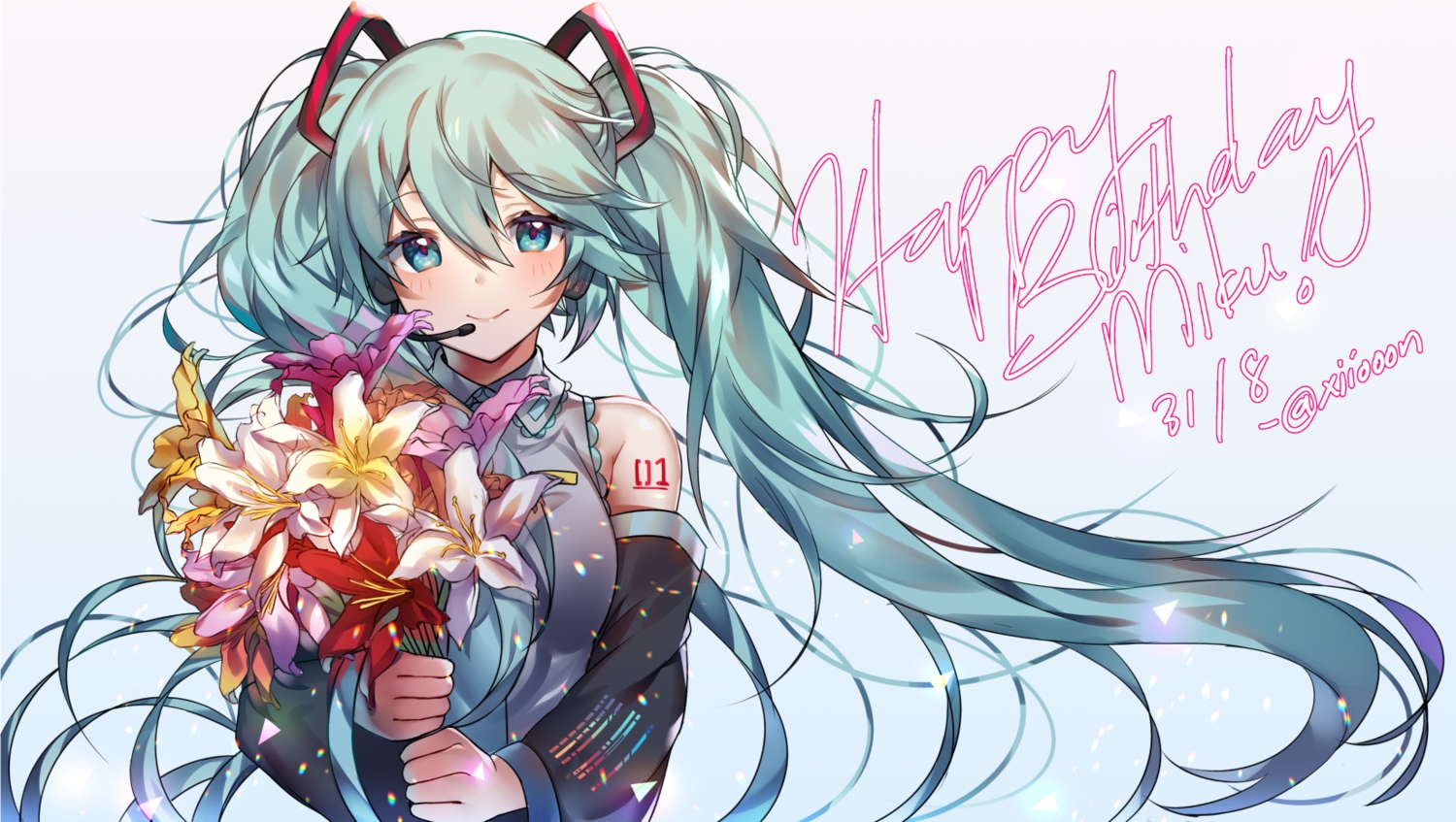 aqua_eyes, aqua_hair, blush, flowers, gradient, hatsune_miku, long_hair, signed, vocaloid, xionfes