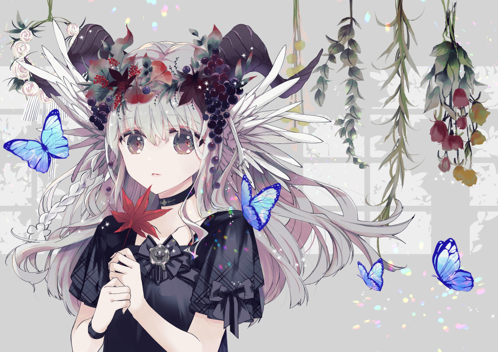 aliasing, brown_eyes, butterfly, choker, flowers, gray_hair, horns, konataeru, long_hair, original, wristwear