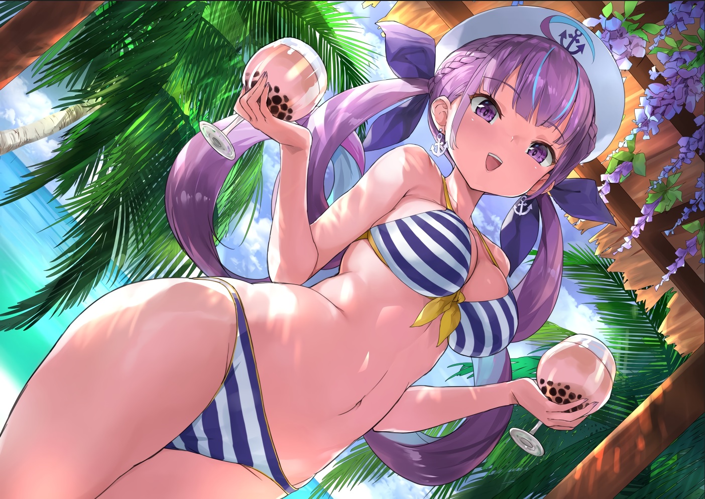 aliasing, bikini, braids, breasts, cameltoe, cleavage, clouds, crystal_shoujo, drink, flowers, hat, hololive, long_hair, minato_aqua, purple_eyes, purple_hair, shade, sky, swimsuit, tree, twintails, water