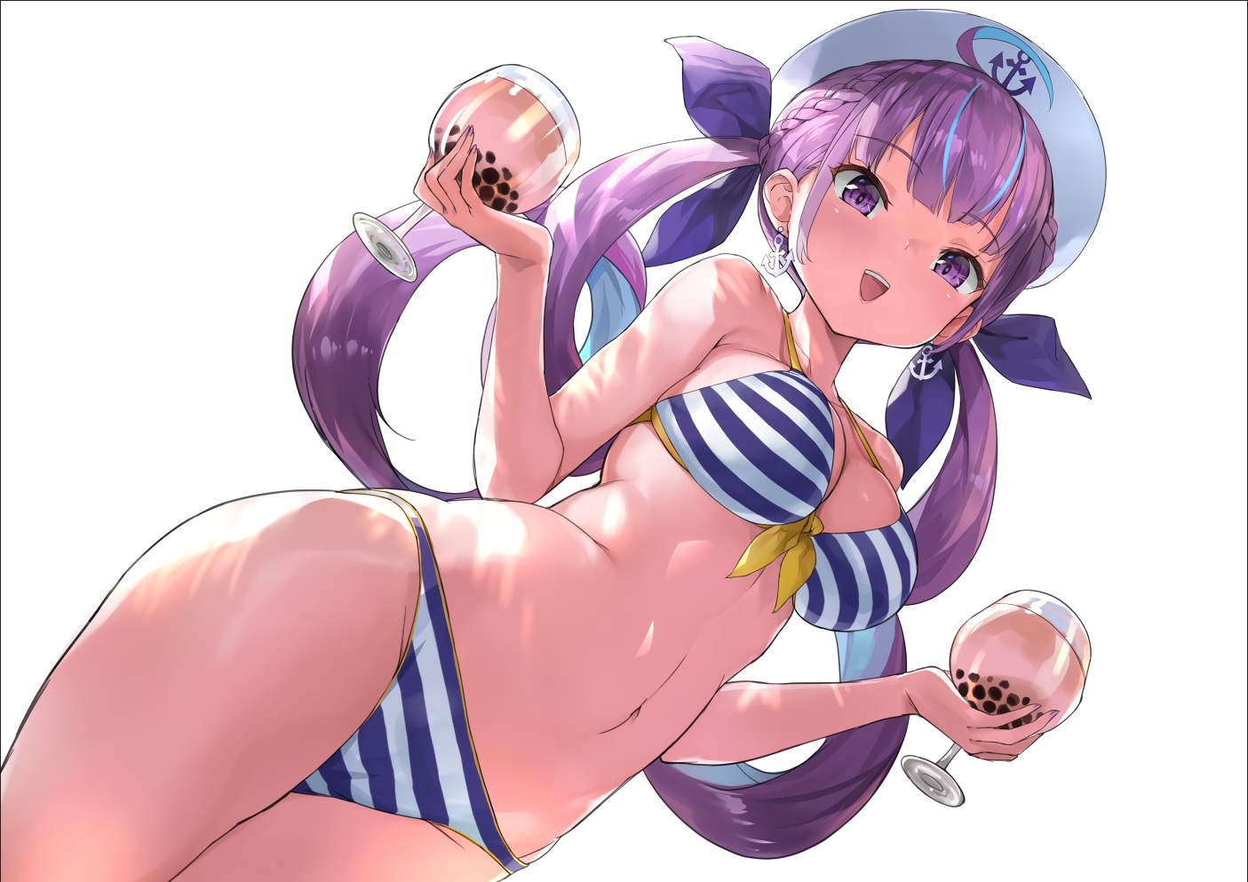 aliasing, bikini, braids, breasts, cameltoe, cleavage, crystal_shoujo, drink, hat, hololive, long_hair, minato_aqua, navel, purple_eyes, purple_hair, swimsuit, twintails