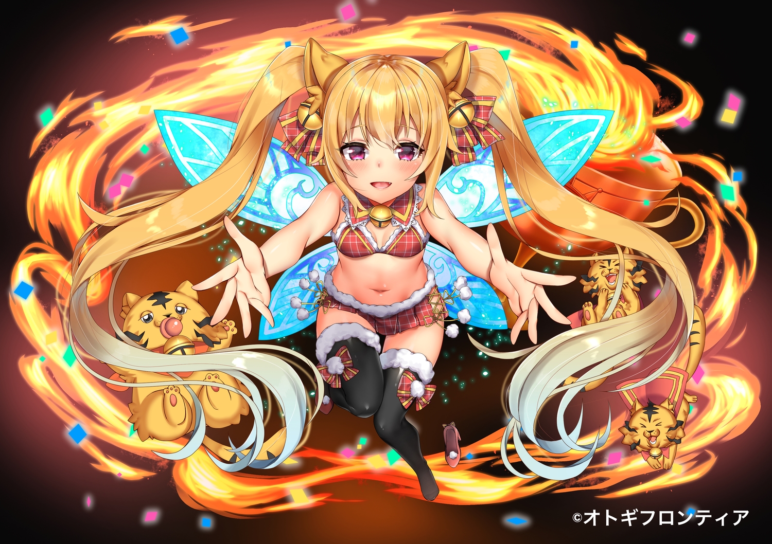 animal, animal_ears, bell, bikini_top, blonde_hair, blush, bow, buta_tamako