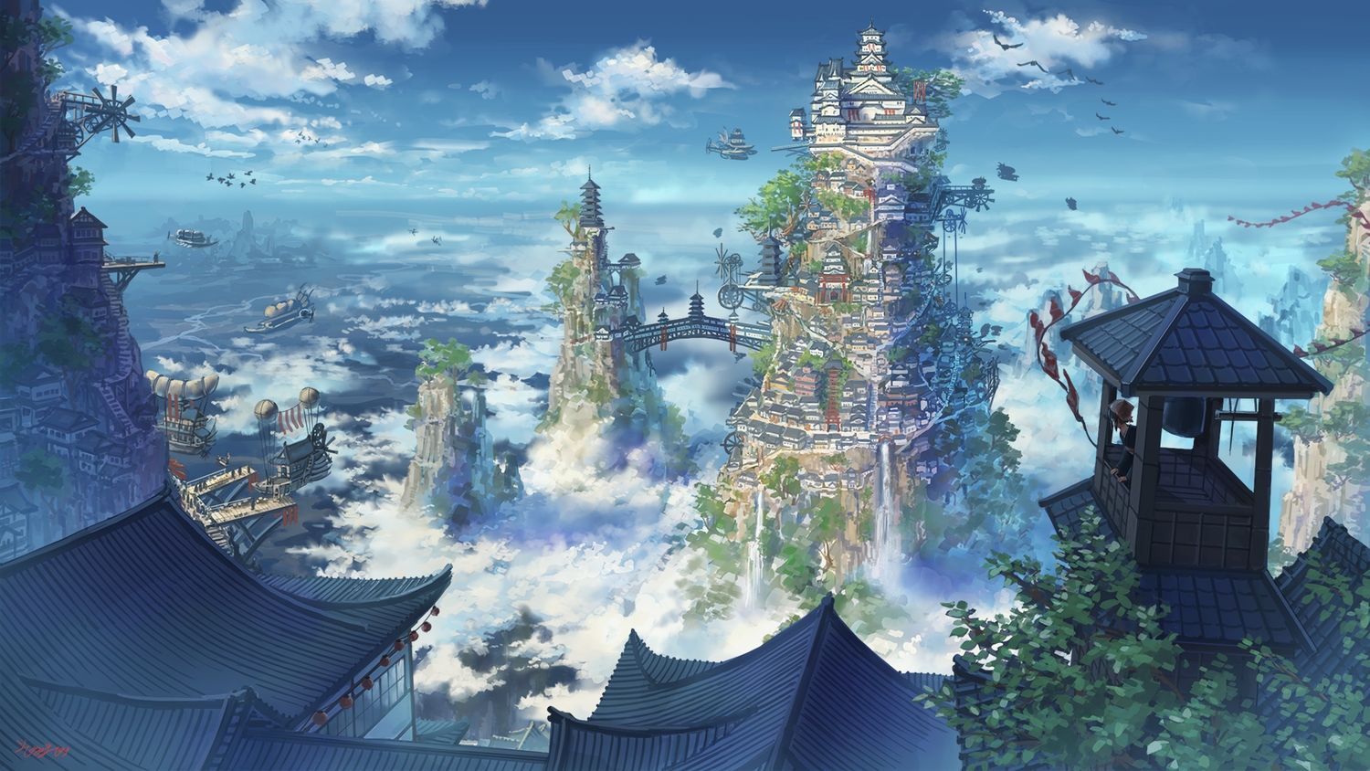 airship, animal, bird, building, city, clouds, original, scenic