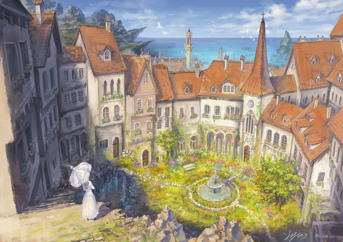 animal, bird, building, dress, flowers, lolita_fashion, original, scenic, signed, somei_yoshinori, umbrella