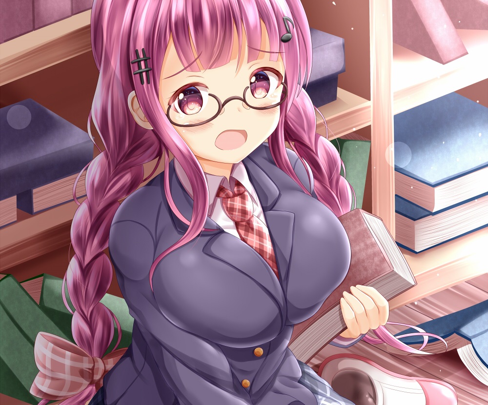 aliasing, blush, book, bow, braids, breasts, cropped, glasses, long_hair, original, purple_eyes, purple_hair, school_uniform, tie, twintails, zenon_(for_achieve)