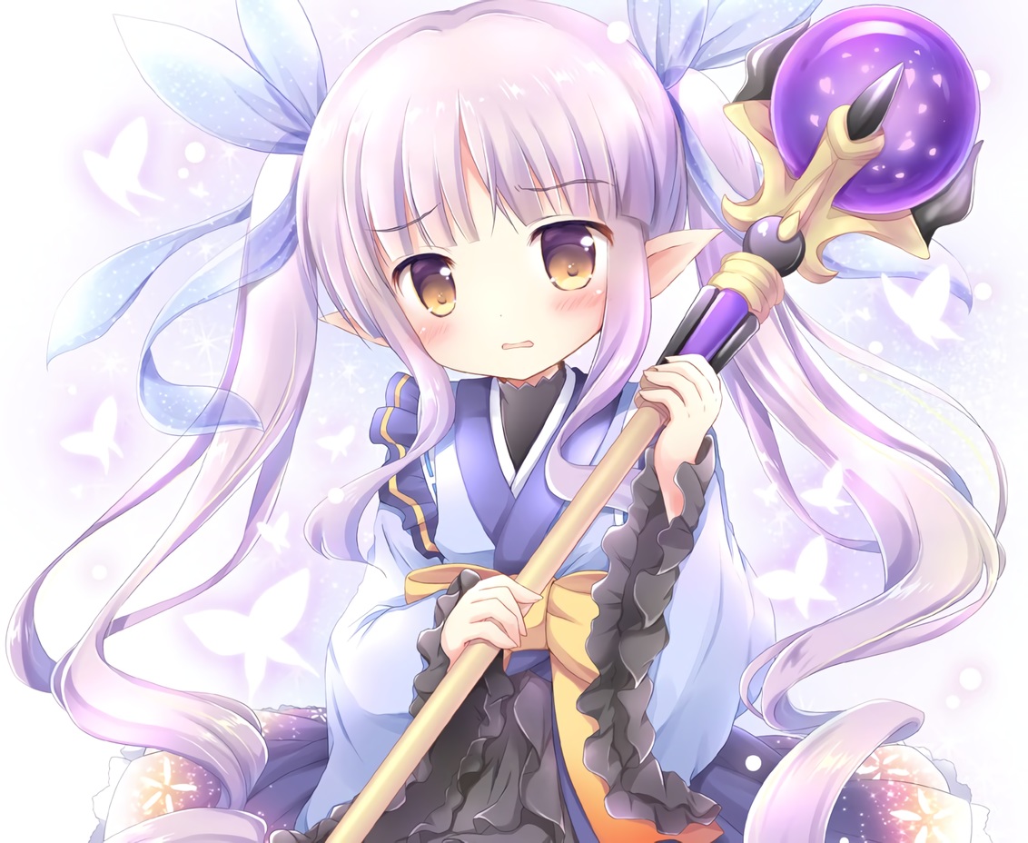blush, bow, cropped, hikawa_kyoka, japanese_clothes, kimono, loli, lolita_fashion, long_hair, nanase_miori, pointed_ears, princess_connect!, purple_hair, staff, twintails, waifu2x, yellow_eyes