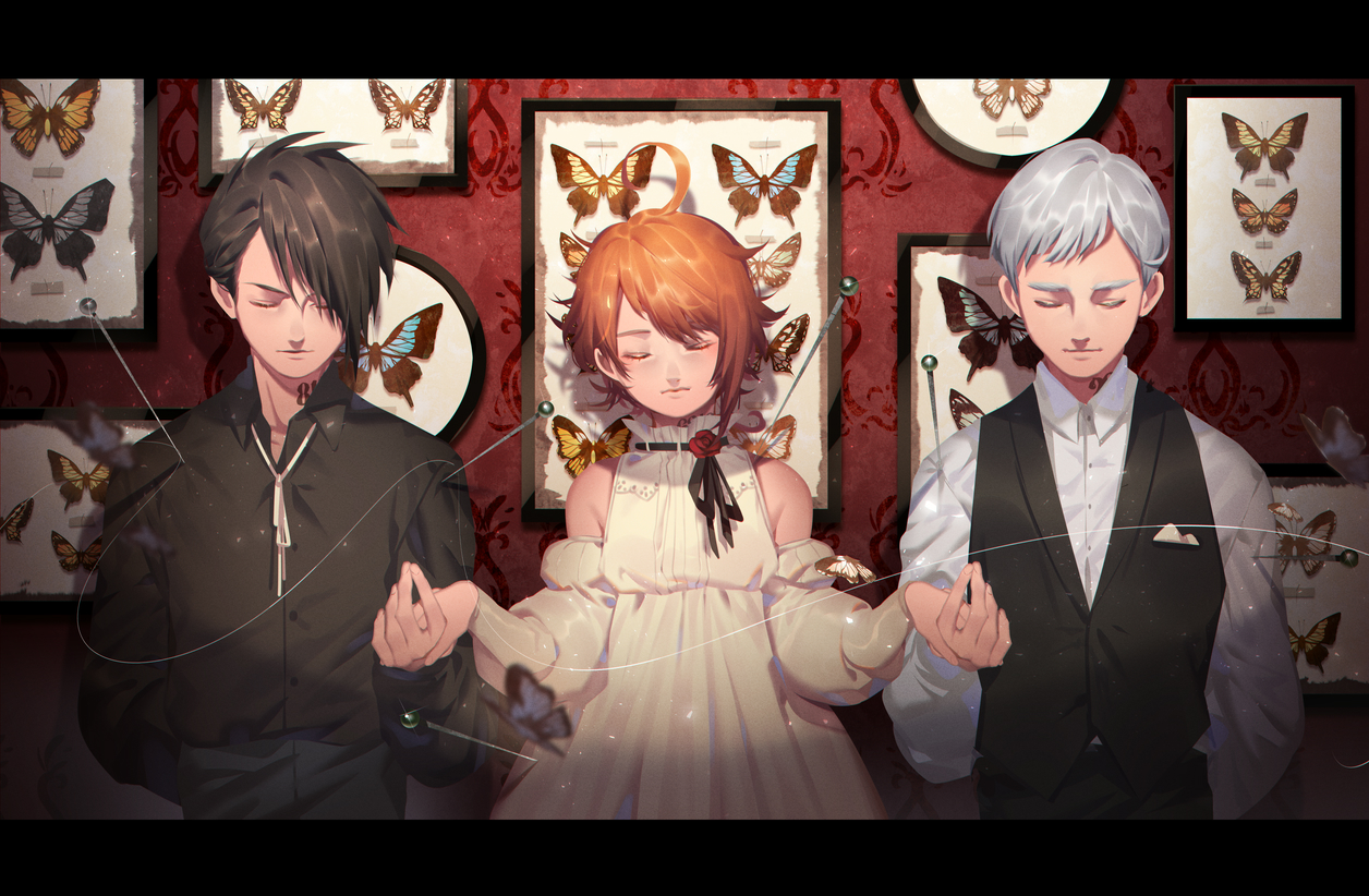 black_hair, butterfly, emma_(yakusoku_no_neverland), gray_hair, jean, male, norman_(yakusoku_no_neverland), orange_hair, ray_(yakusoku_no_neverland), shirt, short_hair, tattoo, yakusoku_no_neverland
