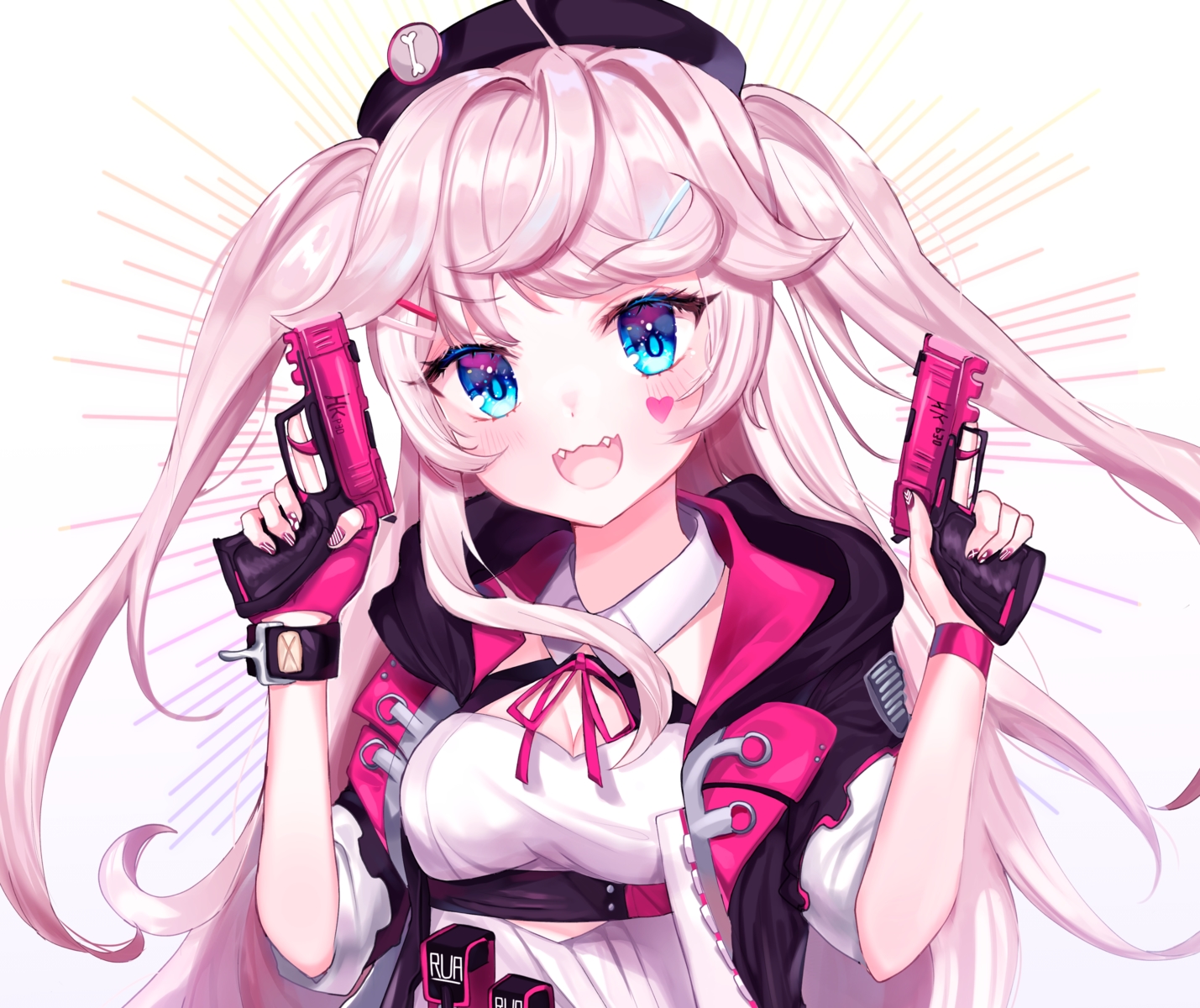 anthropomorphism, aqua_eyes, blush, breasts, cat_smile, cleavage, cropped, fang, girls_frontline, gun, hat, hood, long_hair, p30_(girls_frontline), pink_hair, tattoo, twintails, user_gzwf2823, weapon, white, wristwear
