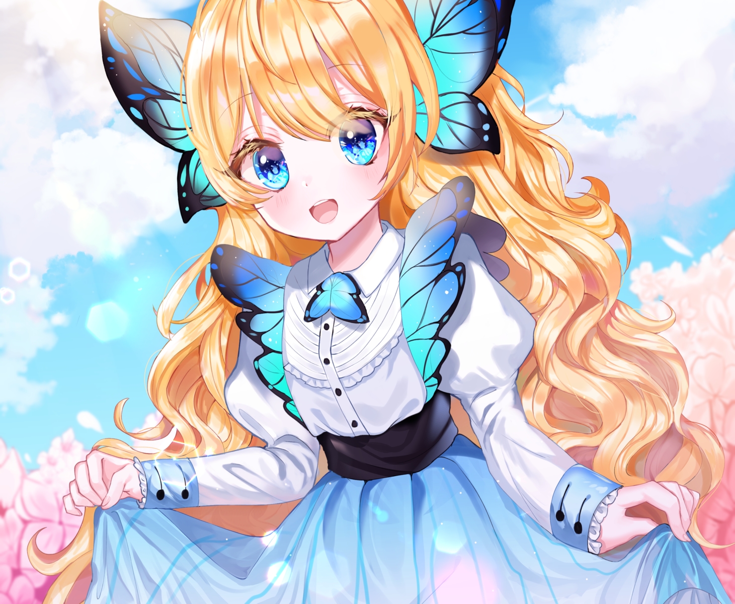 aqua_eyes, blonde_hair, cherry_blossoms, clouds, cropped, flowers, lolita_fashion, long_hair, original, shirt, skirt_lift, sky, user_gzwf2823