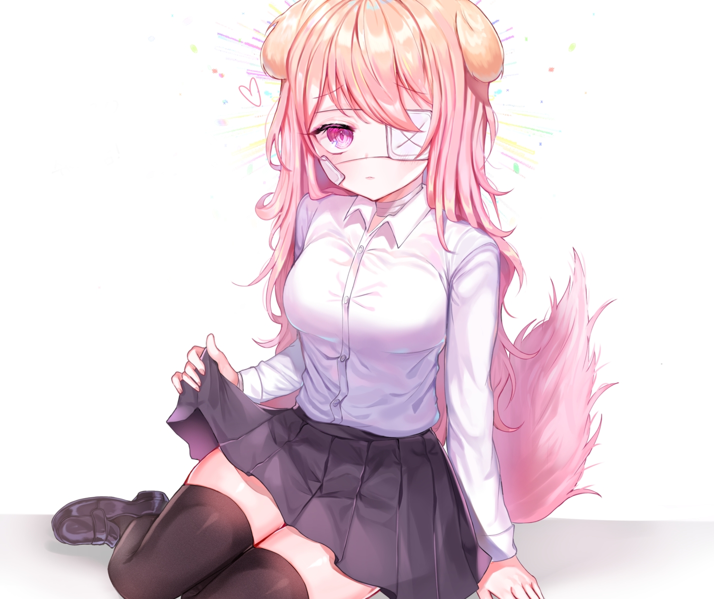 animal_ears, bandage, blush, cat_smile, choker, cropped, doggirl, eyepatch, long_hair, original, pink_eyes, pink_hair, school_uniform, shirt, skirt, skirt_lift, tail, thighhighs, user_gzwf2823, white, zettai_ryouiki