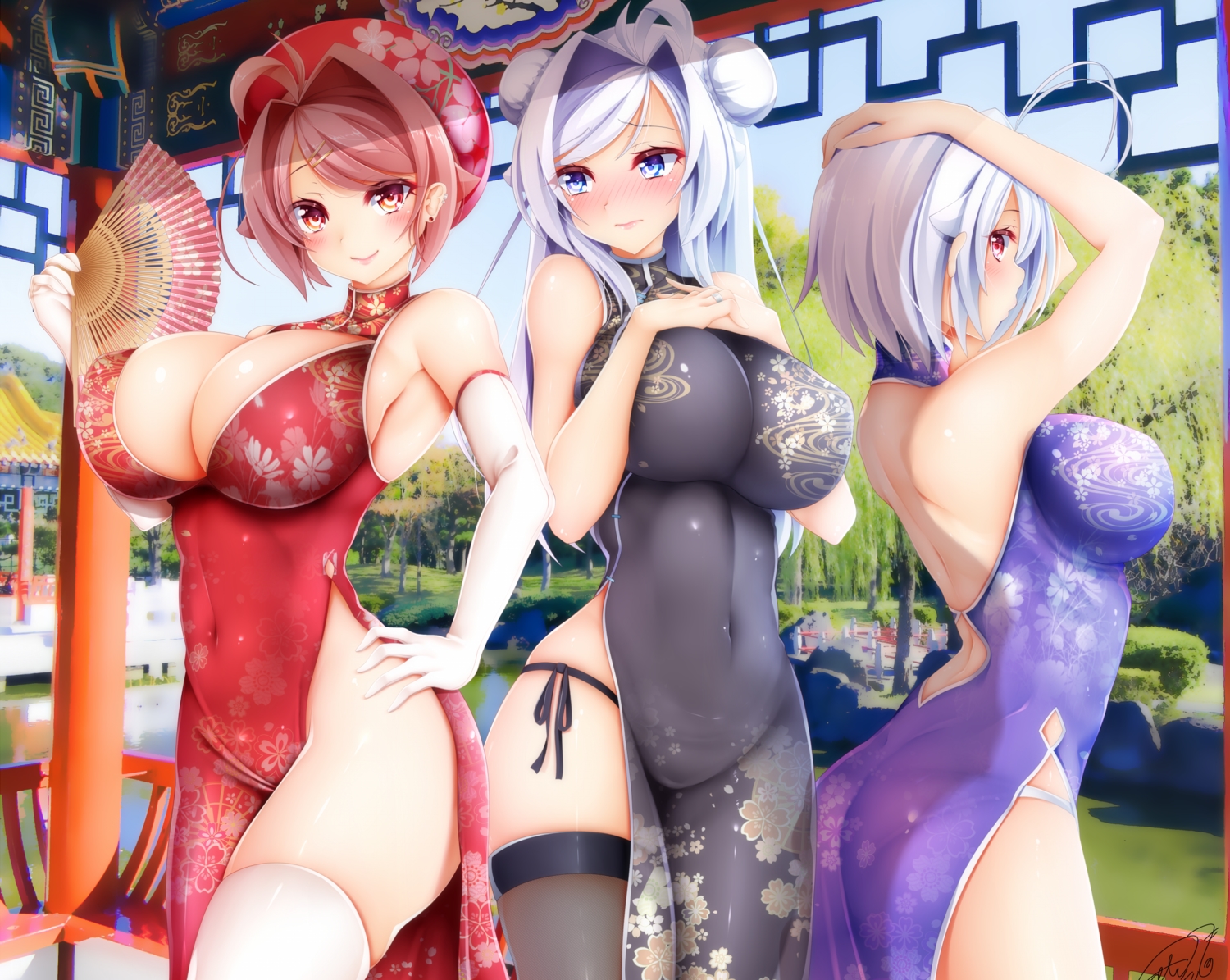 blue_eyes, blue_hair, blush, breasts, building, chinese_clothes, chinese_dress, cleavage, cropped, dress, fan, hat, jotti, long_hair, original, panties, pink_hair, reimusan_(jotti), sakurako_(jotti), short_hair, thighhighs, underwear, urako_(jotti), water