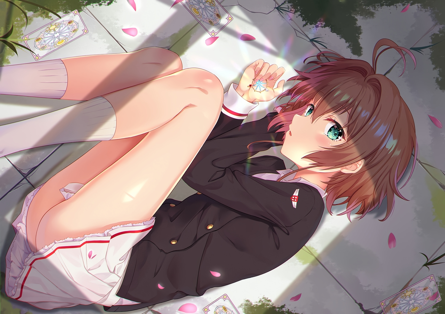 blush, brown_hair, card_captor_sakura, cherry_blossoms, dance_of_eternity, flowers, green_eyes, kinomoto_sakura