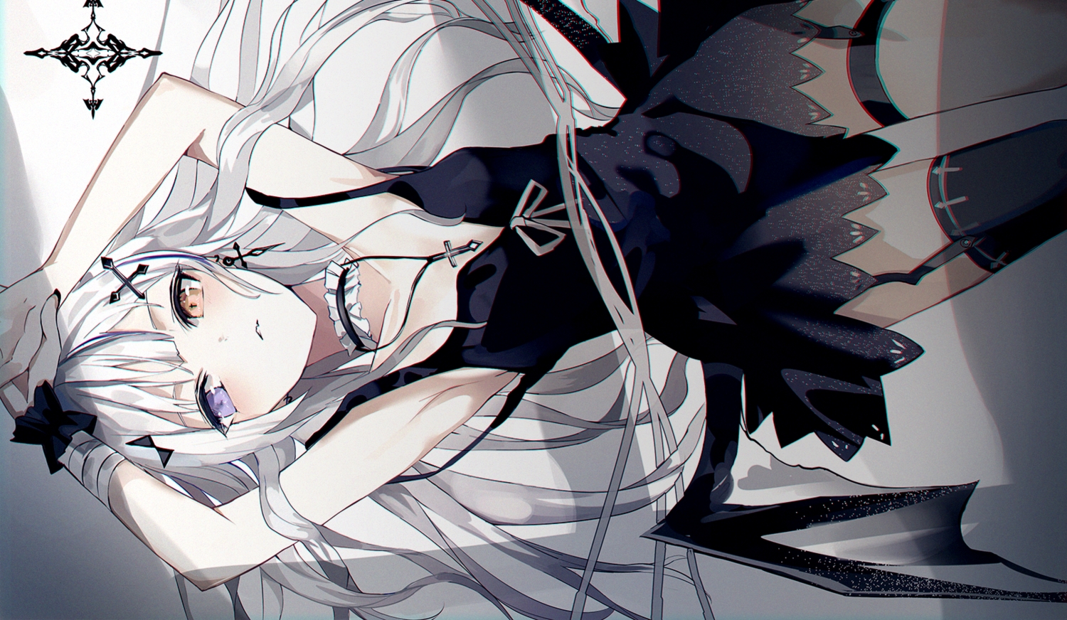 bandage, beckzawachi, bed, bicolored_eyes, choker, cross, dress, garter_belt