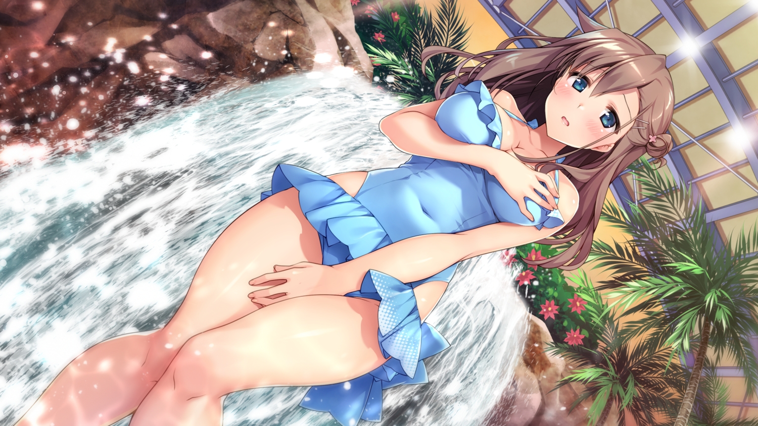 blush, breast_hold, breasts, brown_hair, cleavage, flowers, game_cg, green_eyes, long_hair, onaji_class_no_idol-san, shouna_mitsuishi, sonora, swimsuit, water, waterfall, yuuki_wako