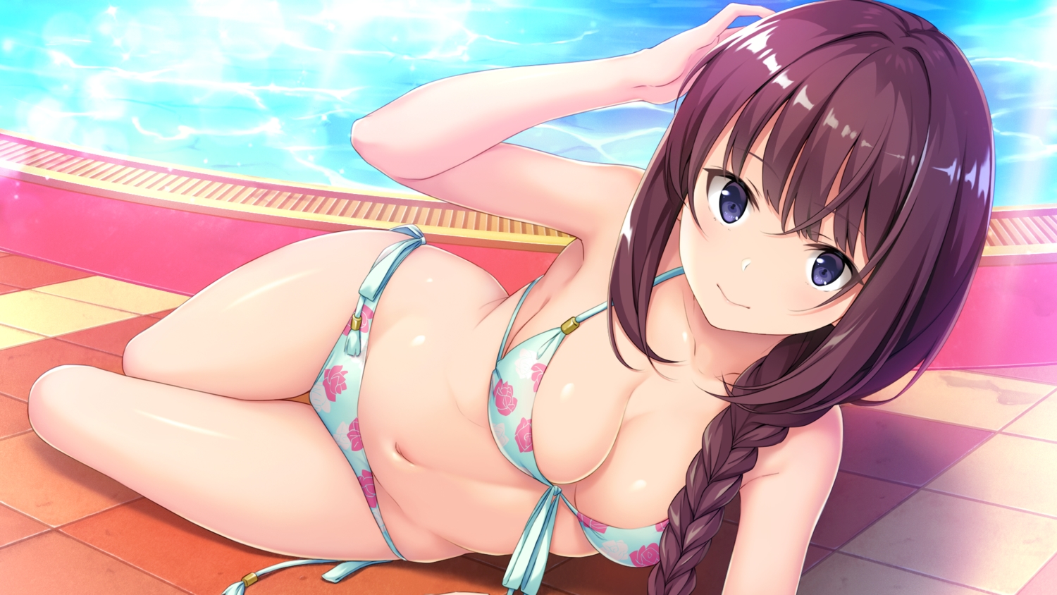 bikini, blue_eyes, braids, breasts, cleavage, game_cg, long_hair, mishima_akari