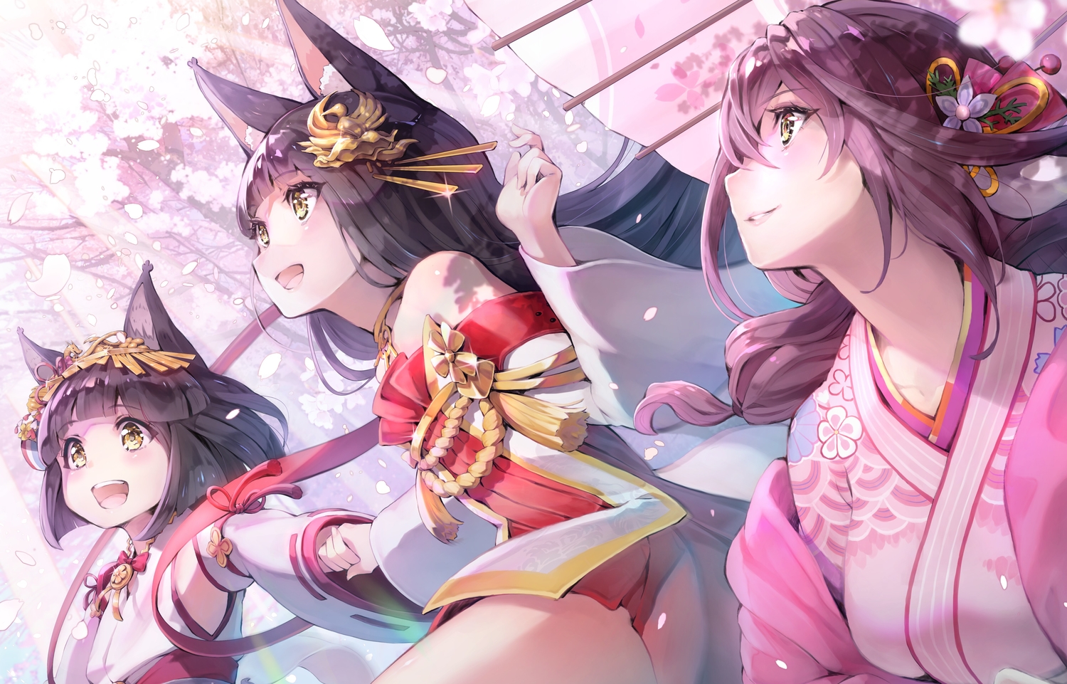 animal_ears, anthropomorphism, azur_lane, black_hair, brown_hair, cherry_blossoms, flowers, foxgirl