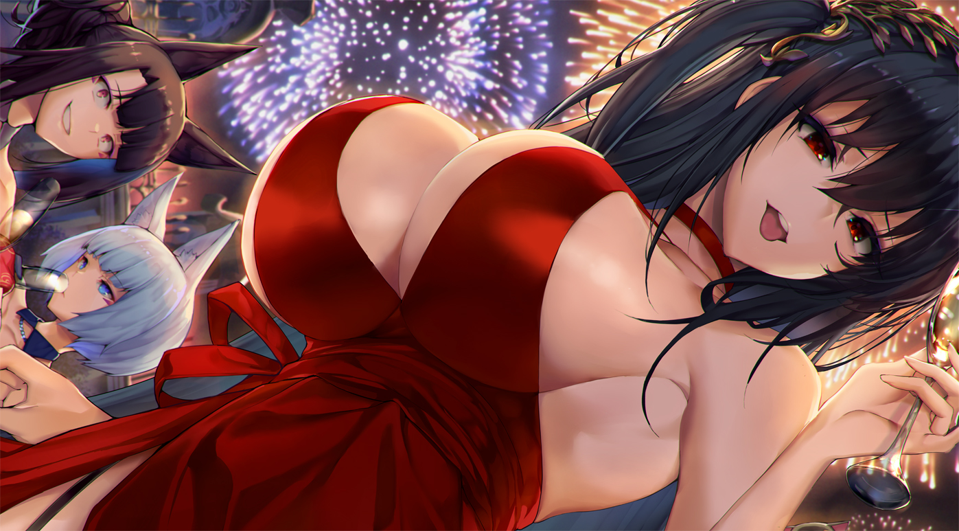 akagi_(azur_lane), albacore_(azur_lane), animal_ears, anthropomorphism, azur_lane, black_hair, blue_eyes, breasts, brown_hair, choker, cleavage, close, dress, drink, fireworks, foxgirl, kaga_(azur_lane), long_hair, red_eyes, satou_daiji, taihou_(azur_lane), white_hair