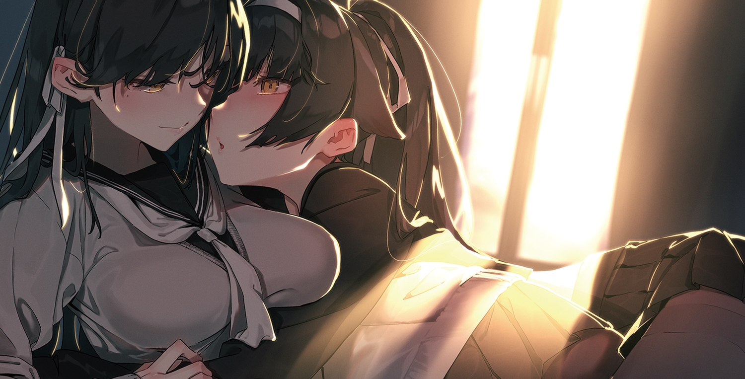 anthropomorphism, atago_(azur_lane), azur_lane, black_hair, headband, hug, long_hair, ponytail