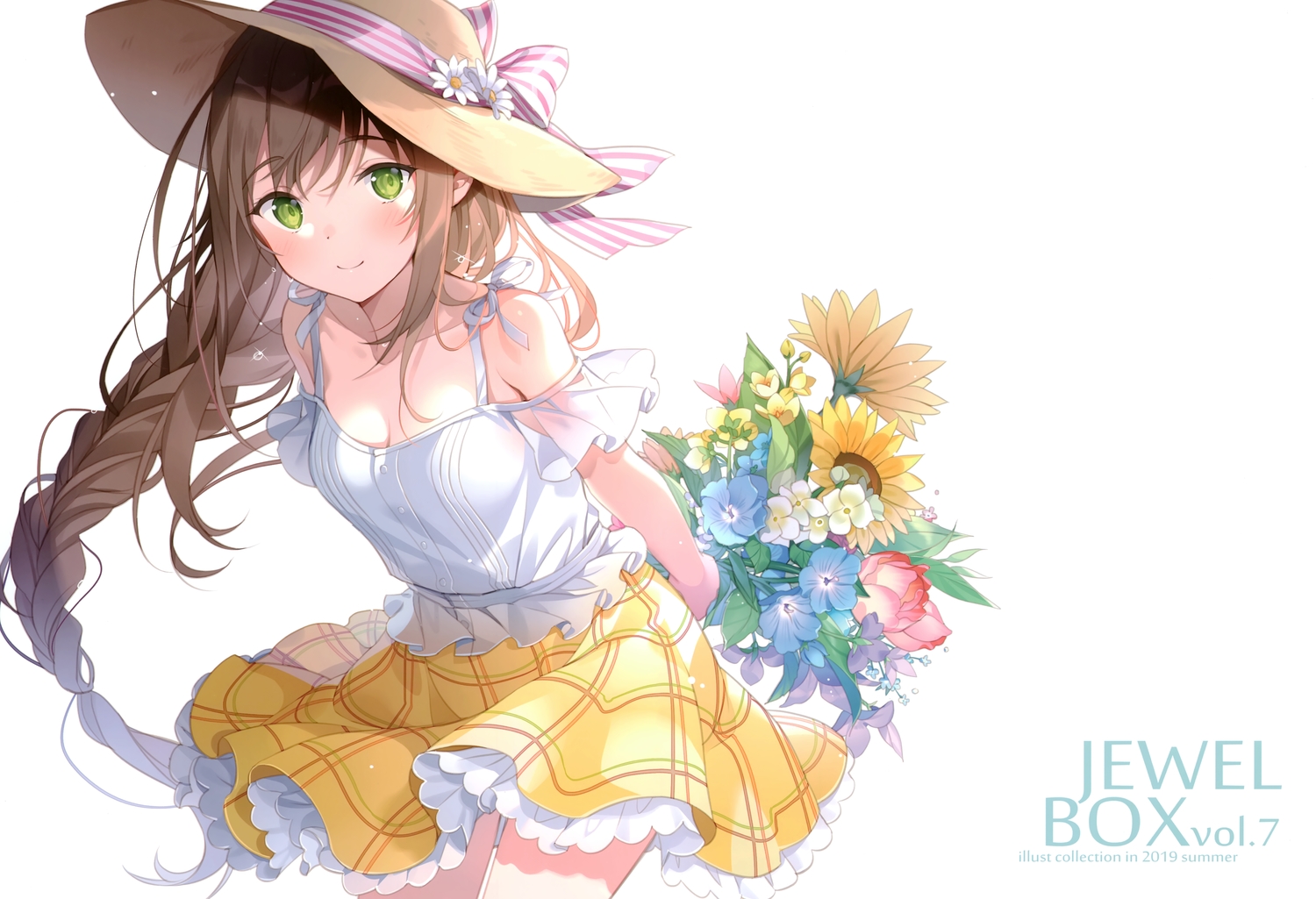 blush, braids, brown_hair, flowers, green_eyes, hat, long_hair, ponytail