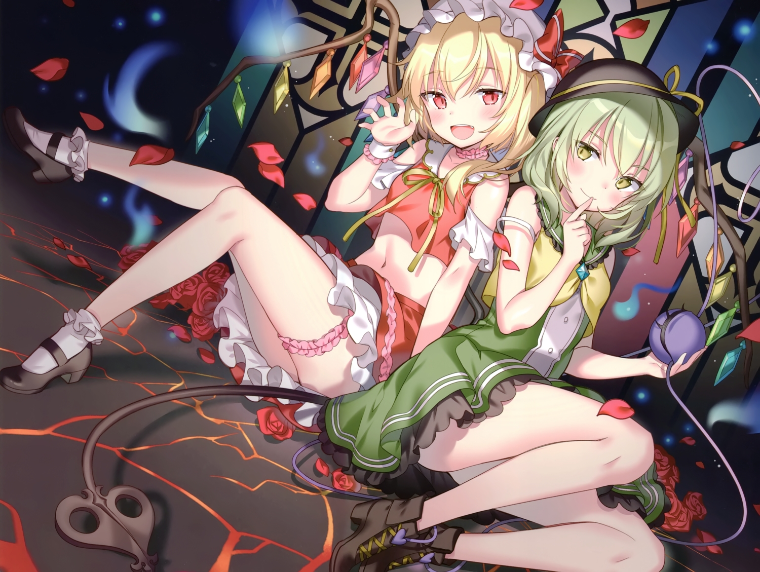 2girls, blonde_hair, blush, boots, choker, cropped, dress, fang