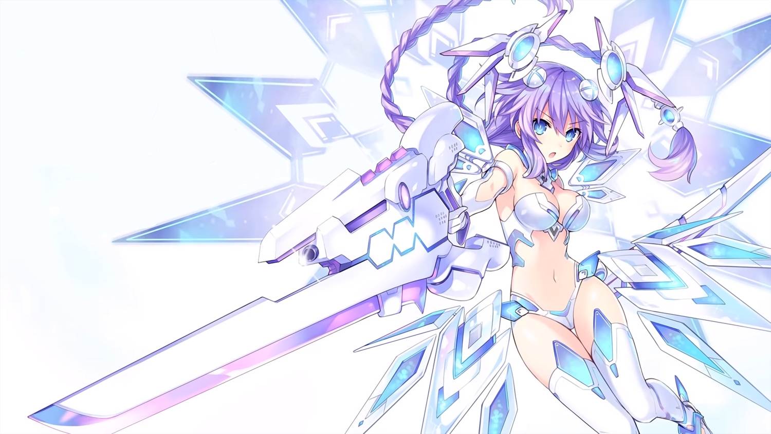 armor, blue_eyes, breasts, cleavage, hyperdimension_neptunia, long_hair, neptune, purple_hair