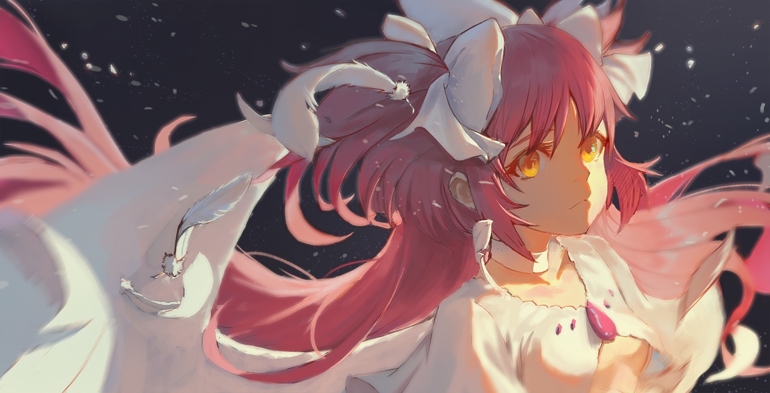 bow, choker, close, feathers, kaname_madoka, long_hair, mahou_shoujo_madoka_magica, no_bra, orange_eyes, pink_hair, twintails, ultimate_madoka, xleontan