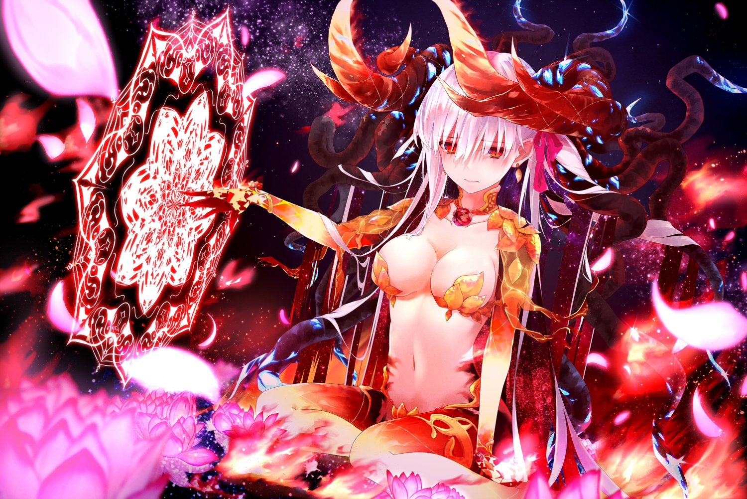 aliasing, breasts, cleavage, fate/grand_order, fate_(series), fire, flowers, kama_(fate/grand_order), long_hair, magic, navel, oriuo_q, petals, red_eyes, white_hair