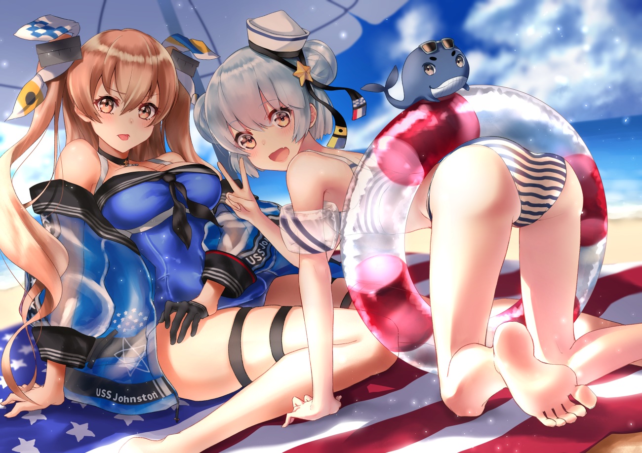 2girls, anthropomorphism, ass, bikini, johnston_(kancolle), kantai_collection, samuel_b._roberts_(kancolle), swim_ring