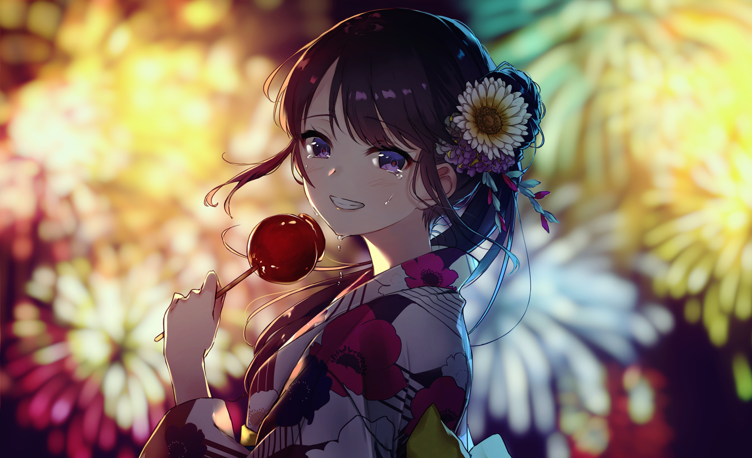 apple, blush, brown_hair, candy, crying, fireworks, food, fruit