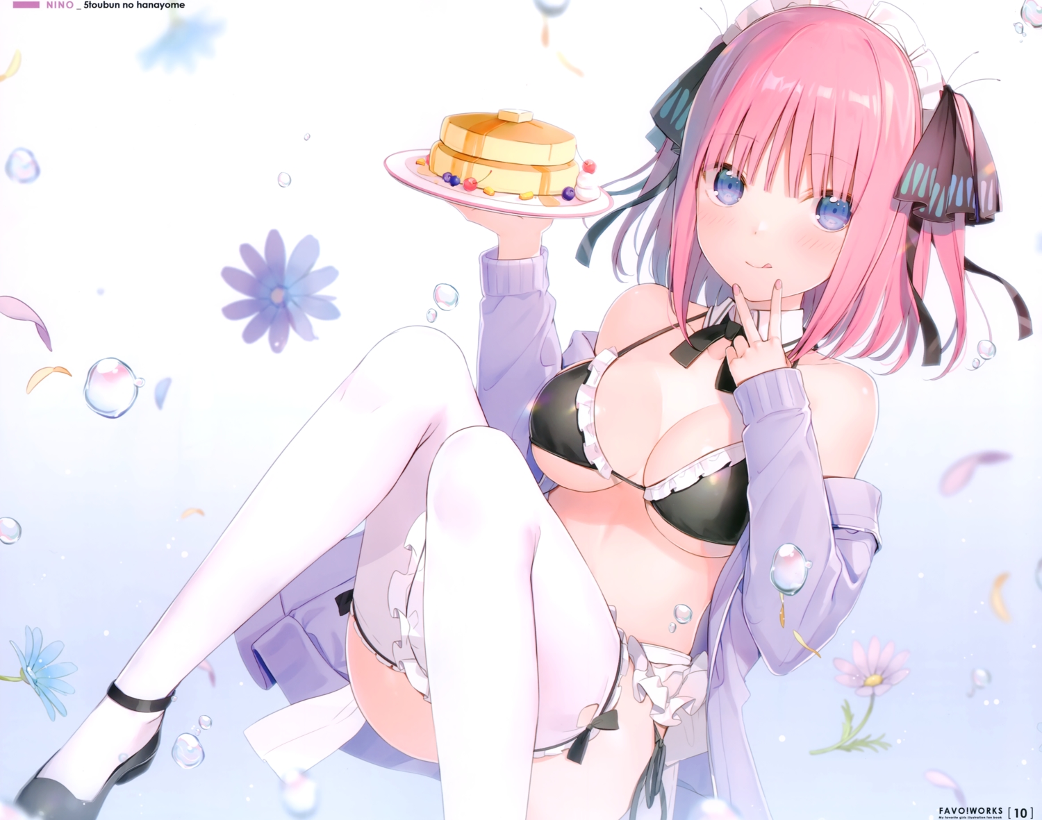 6u_(eternal_land), apron, bikini, blue_eyes, blush, breasts, cake, cropped