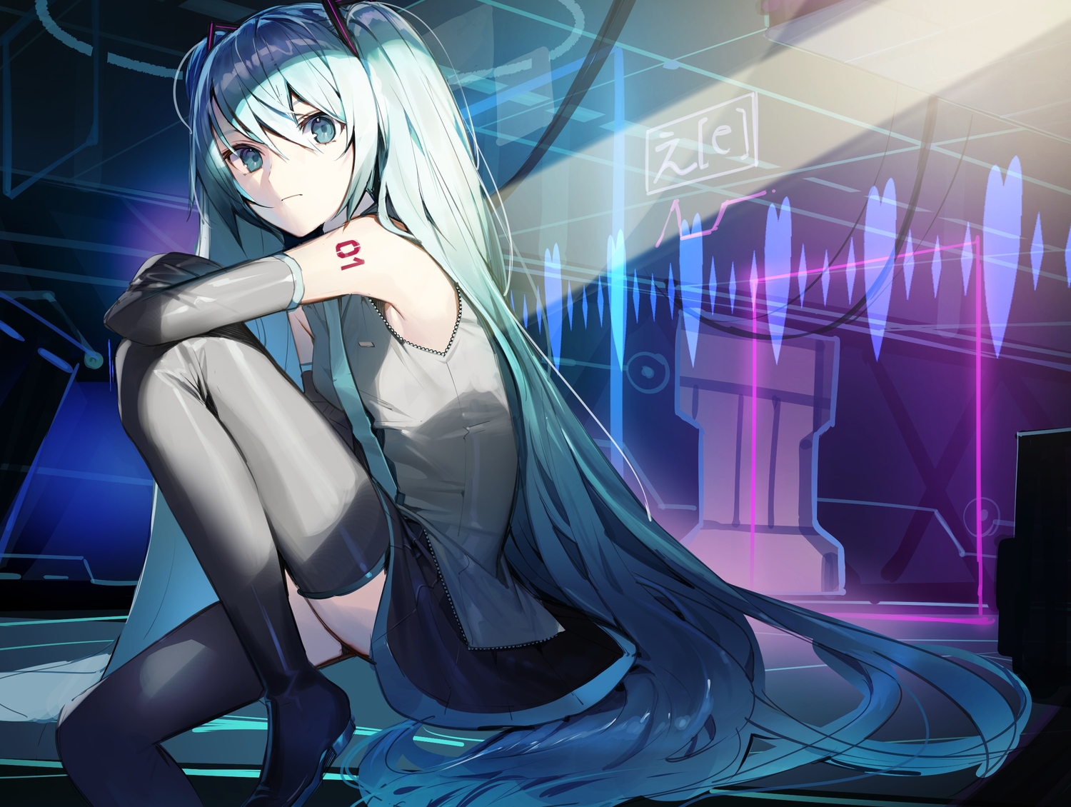 blue_eyes, boots, cropped, green_hair, hatsune_miku, long_hair, misoni_comi, tattoo