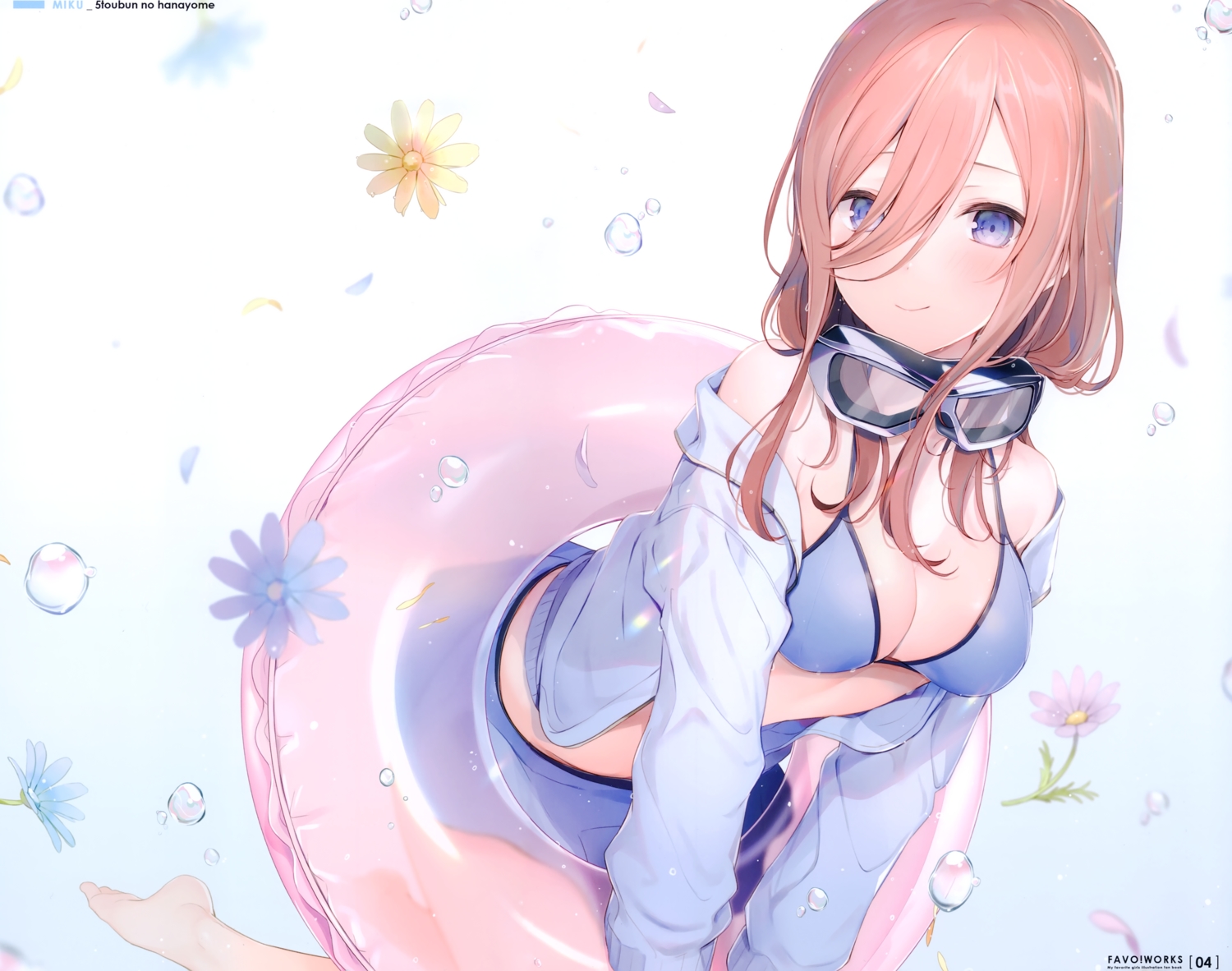 6u_(eternal_land), bikini, blue_eyes, blush, breasts, cleavage, flowers, goggles