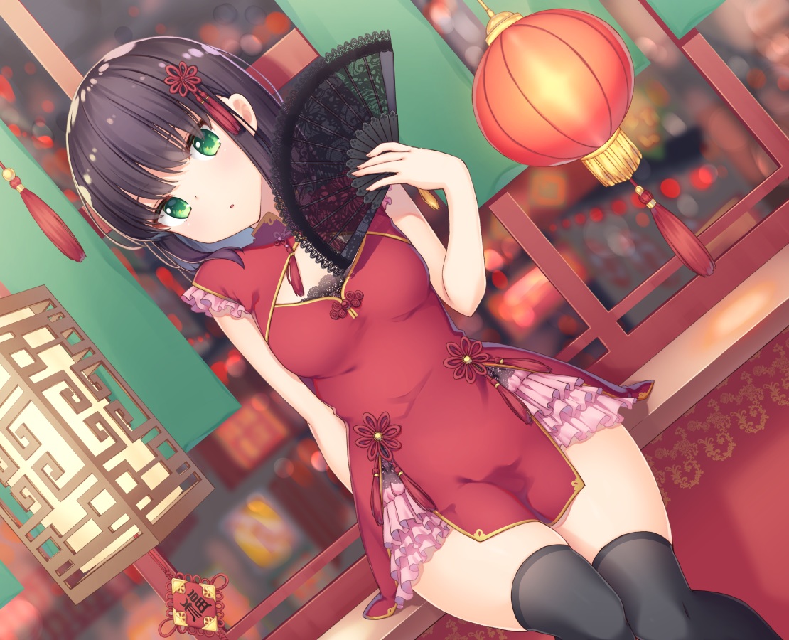 black_hair, chinese_clothes, chinese_dress, dress, fan, green_eyes, makatani, original, short_hair, thighhighs, zettai_ryouiki