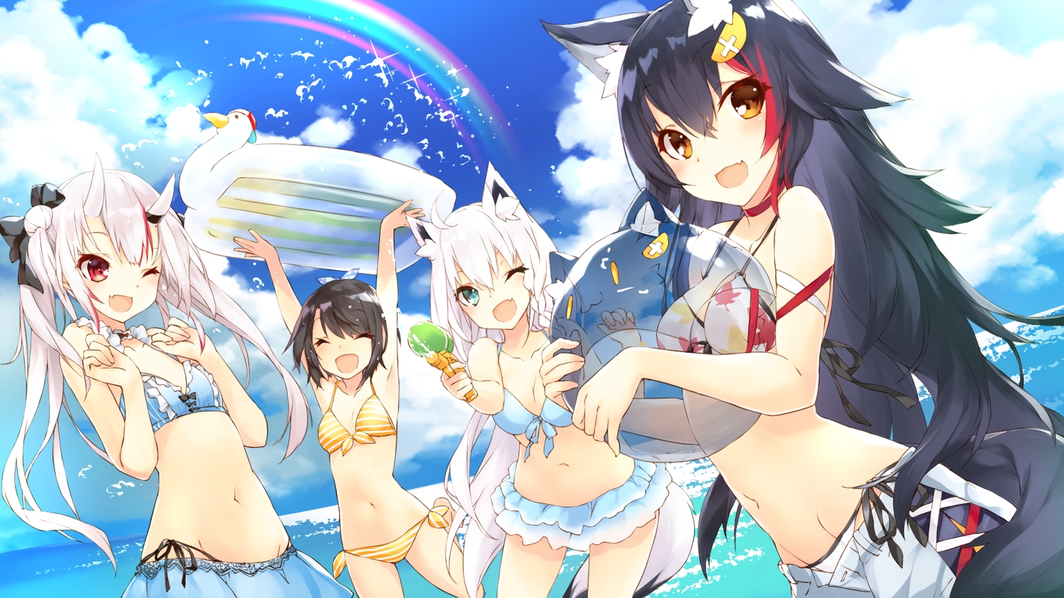 animal_ears, ball, bikini, breast_hold, breasts, cleavage, demon, fang