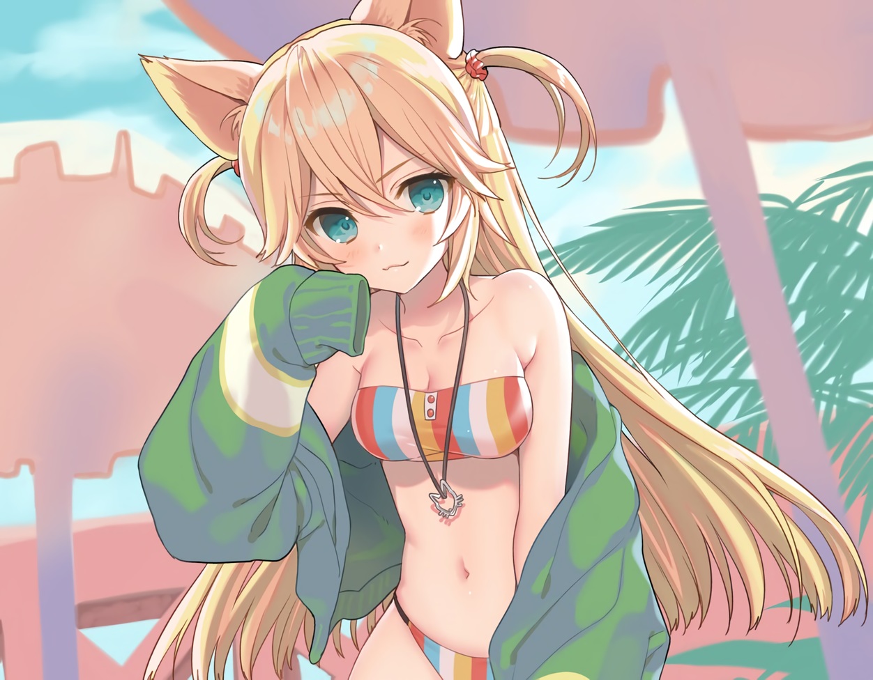 animal_ears, bikini, blonde_hair, blush, breasts, cat_smile, cleavage, cropped