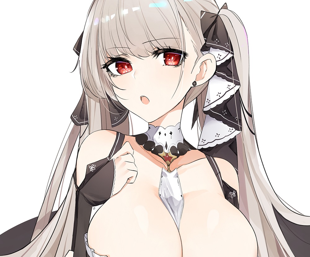 anthropomorphism, azur_lane, breast_hold, breasts, cleavage, formidable_(azur_lane), gray_hair, long_hair