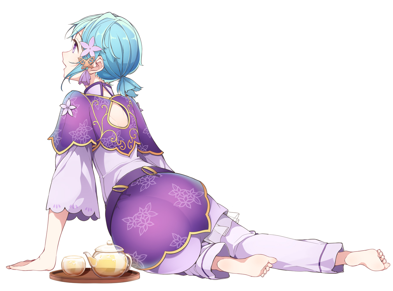 all_male, aqua_hair, ass, barefoot, drink, ensemble_stars!, kinakomoti, male