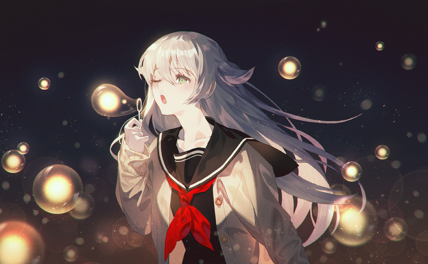 bubbles, fajyobore323, gray_hair, green_eyes, long_hair, original, school_uniform, wink