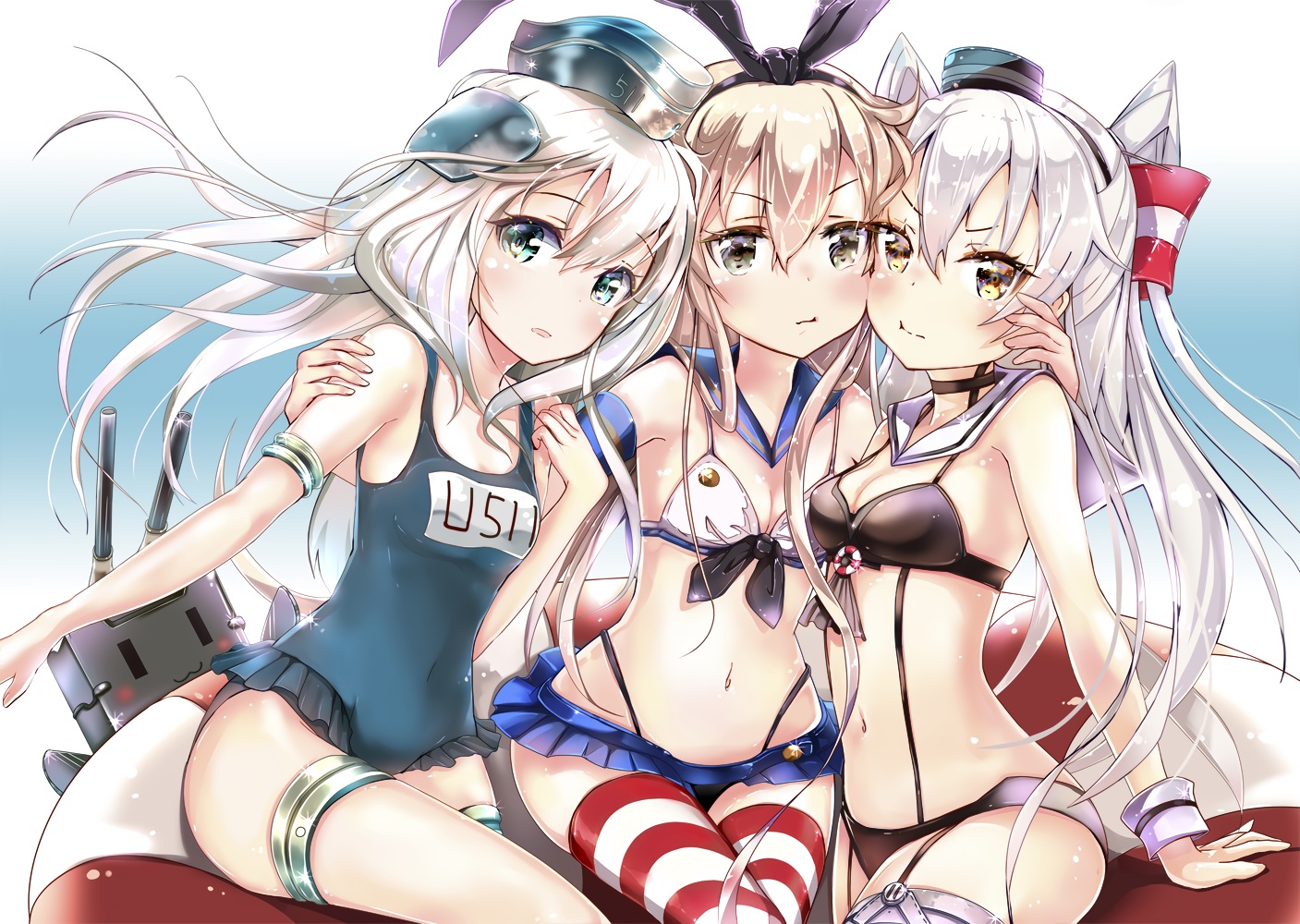 amatsukaze_(kancolle), anthropomorphism, aqua_eyes, bikini, blonde_hair, blush, breasts, choker, cleavage, collar, garter, gray_eyes, hat, headband, kantai_collection, keepout, long_hair, navel, orange_eyes, rensouhou-chan, ro-500_(kancolle), shimakaze_(kancolle), swim_ring, swimsuit, thighhighs, u-511_(kancolle), white_hair, wristwear