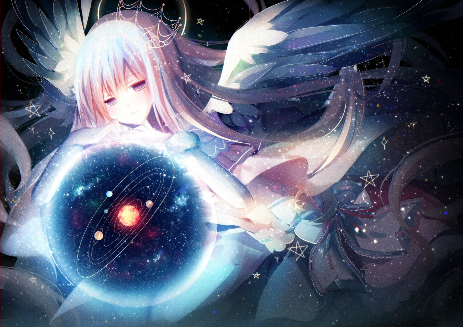 blonde_hair, filiananna, long_hair, navel, original, planet, purple_eyes, space, wings