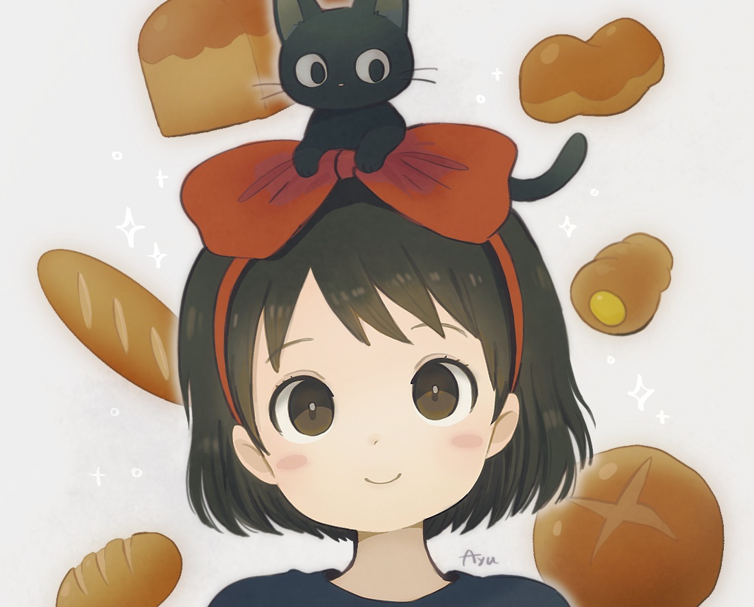 animal, ayu_(mog), black_hair, brown_eyes, cat, cropped, food, headband