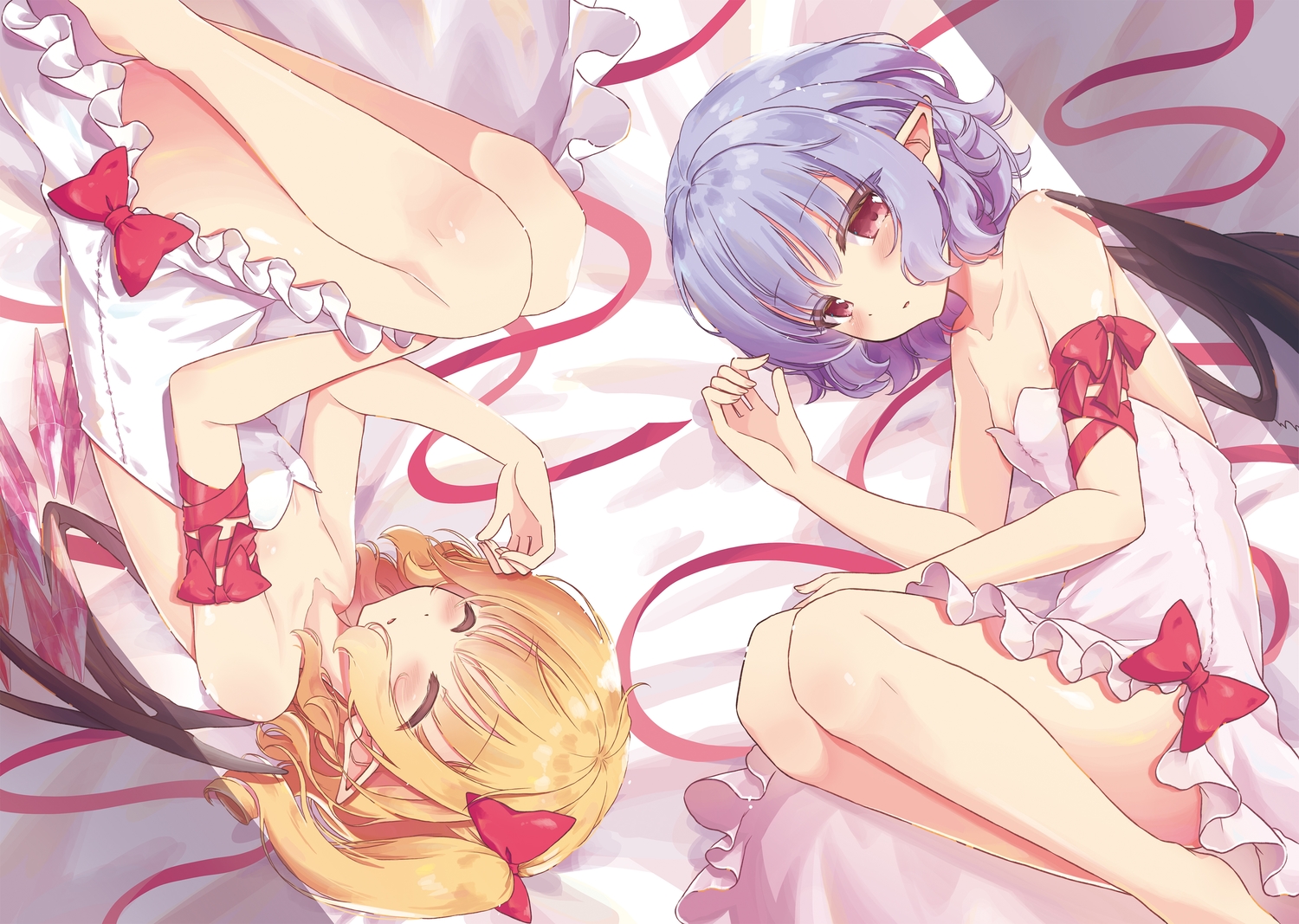 2girls, beni_kurage, blonde_hair, blue_hair, blush, bow, dress, flandre_scarlet