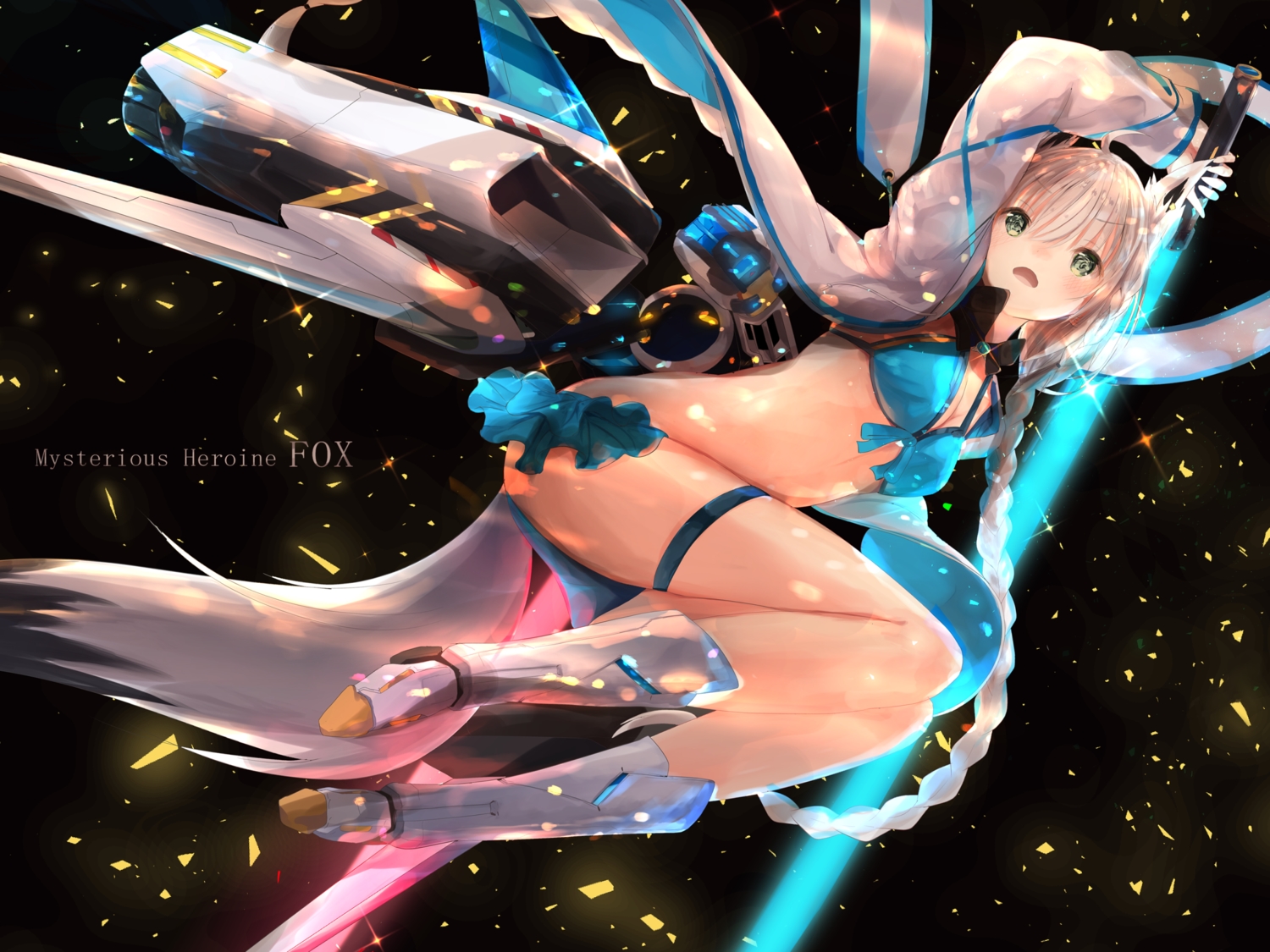 animal_ears, armor, bikini, blush, boots, braids, breasts, cleavage